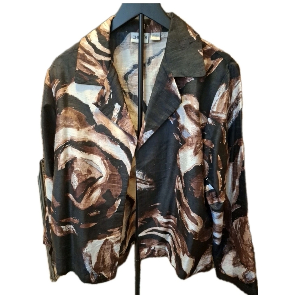 Chico's Open Front 100% Silk Jacket Cuffed Sleeves Women's Sz 2 (14) L